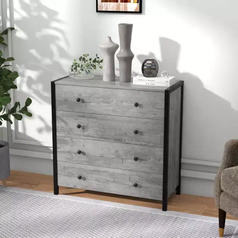 4-Drawer Dresser Modern Chest of Drawers Wooden Storage Dresser Grey/Oak