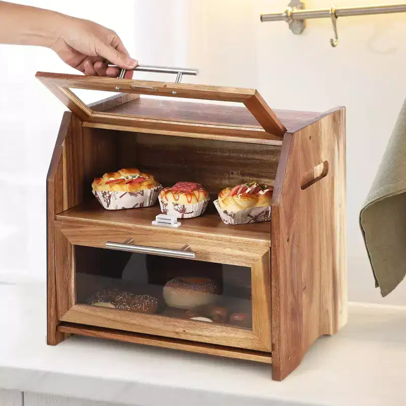 Bread Box, Double Layer Acacia Wooden Bread Bin with Clear Acrylic Door Panel, Air Vents, Countertop Bread Container, Rustic Brown Bread Holder