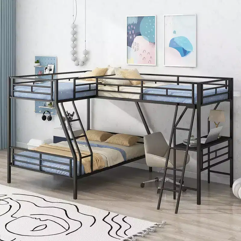 Whisen 117.3L x 78W Morden Design L-Shaped Twin over Full Bunk Bed with Twin Size Loft Bed and Built-in Desk