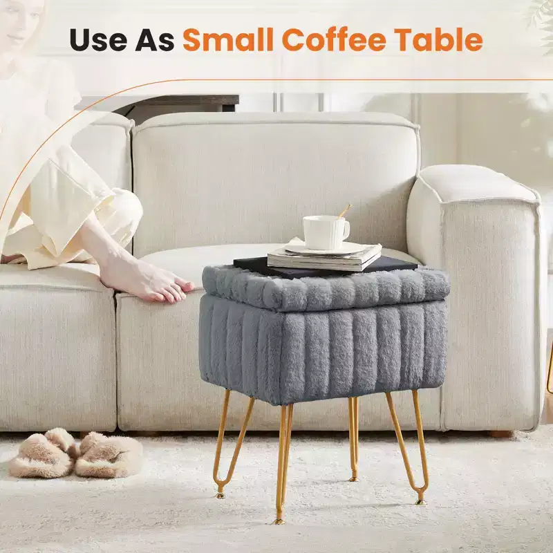 Faux Fur Rectangular Accent Small Ottoman with Storage