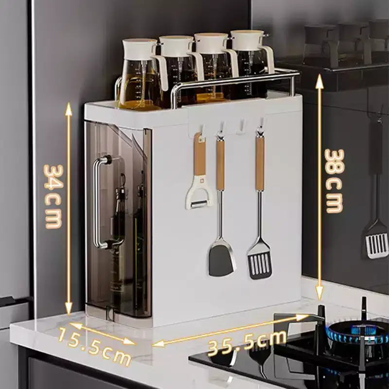 3-Tier Spice Organizer with Doors, Kitchen Cabinet Storage for Spices, Utensils & Cutlery, 4 Hooks, Dustproof Design
