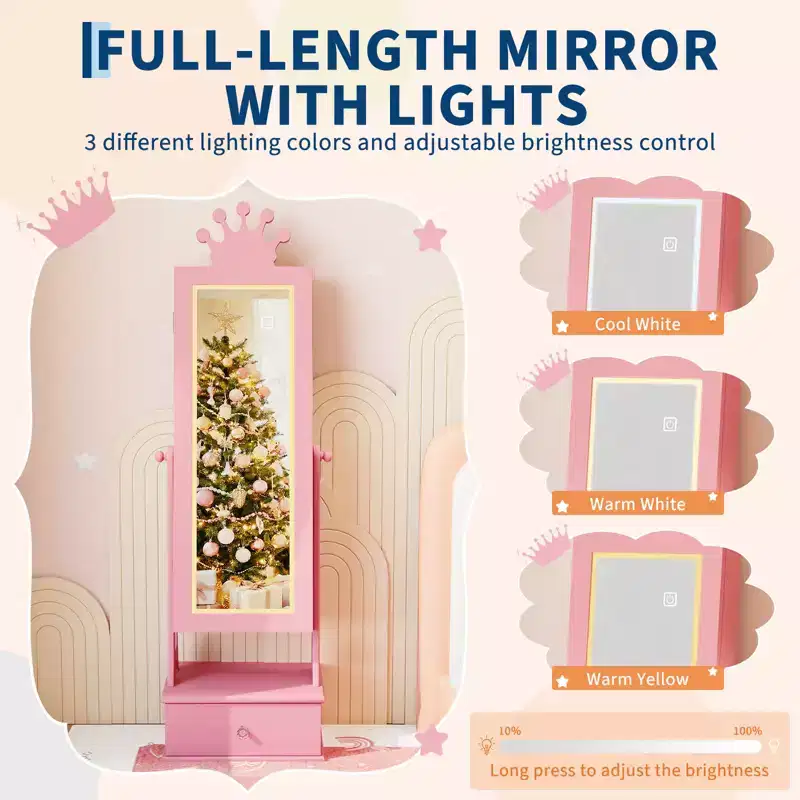 Kids Jewelry Cabinet, Standing Jewelry Organizer with Full-Length Mirror, 3 Storage Drawer, Kids Vanity Dress Up Mirror