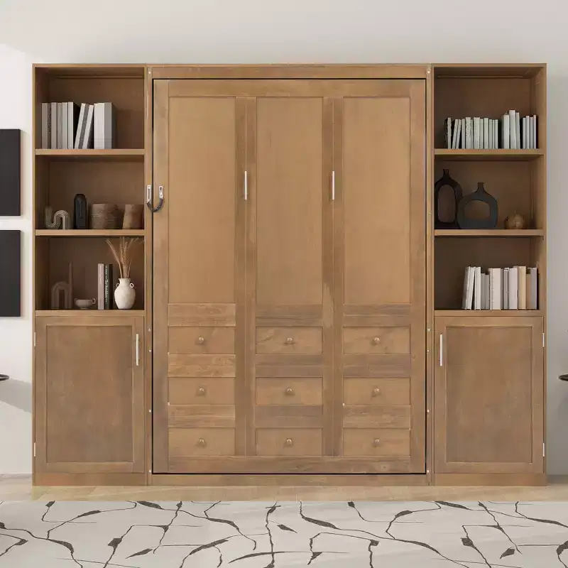 Queen Size Wooden Murphy Bed with Storage Shelves & Cabinets, Foldable Wall Bed, Natural - ModernLuxe