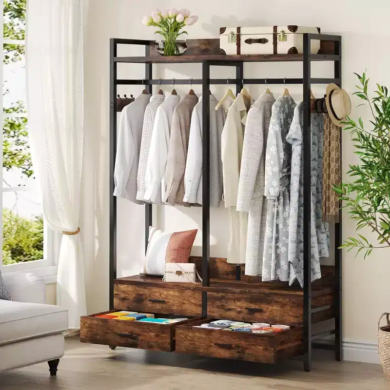 Lantine Closet Organizer Garment Rack with 4 Drawers and Hooks for Bedroom, Living Room, Rustic Brown
