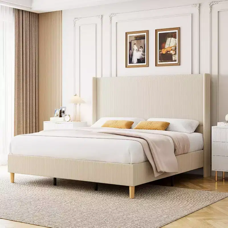 King Bed Frame, Upholstered Platform Corduroy Bed Frame with Vertical Channel Tufted Wingback Headboard, Strong Wooden Slats, Easy Assembly, Beige
