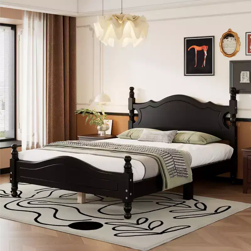 Full Wood Platform Bed Frame, Retro Style Bed with Slat Support, Black