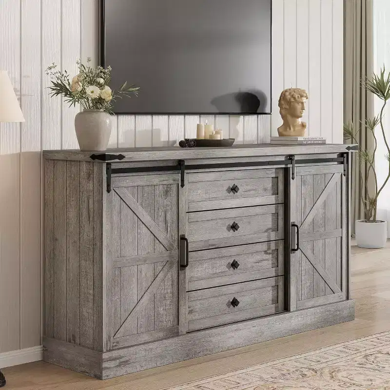 Sideboard Buffet Cabinet with Storage, Farmhouse TV Stand w/Sliding Barn Door, Large Buffet Table for Dining Room, Kitchen and Living Room