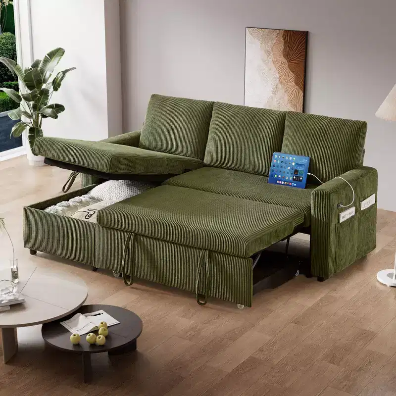81-Inch L-Shaped Sofa Bed, Pull-Out Sleeper with Adjustable Backrest, Corduroy