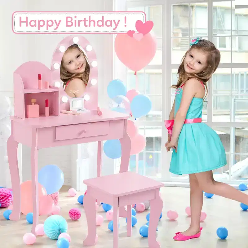 Kids Makeup Vanity Desk, Girls' Vanity Set with Light and Mirror, Makeup Table and Stool for Kids, Wood Dressing Table with Playset for 4-9