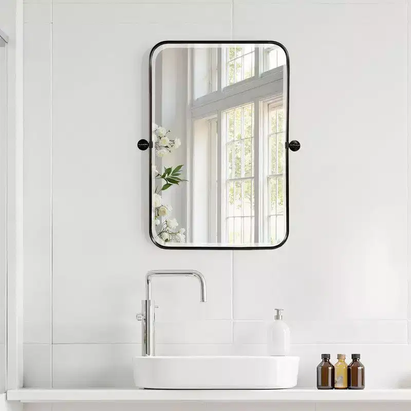 PexFix 36 x 24 Iron Rectangle Black Pivot Wall Mirror Tilting Bathroom Vanity Mirror Metal Framed Adjustable for Bedroom Living Room