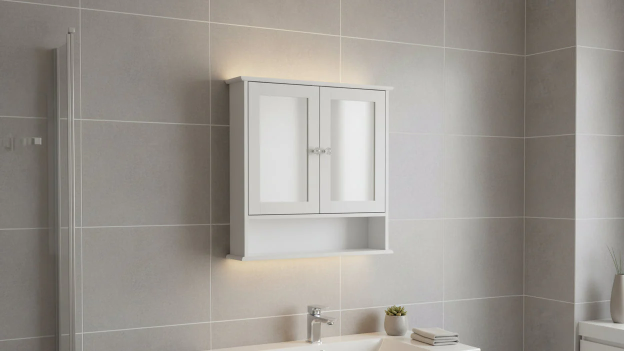 White Wall Cabinet with Double Mirror Doors, 3-Tier, 1-Person