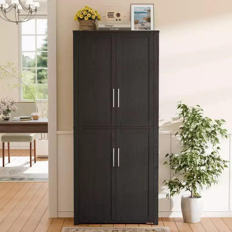 PexFix Kitchen Pantry Cabinet Freestanding Food Storage Cabinet with 4 Doors & Adjustable Shelves Floor Utility Storage Organizer