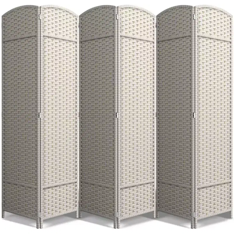 Extra Wide Double Hinged 6-Panel Folding Room Divider with Mesh Hand-Woven Design