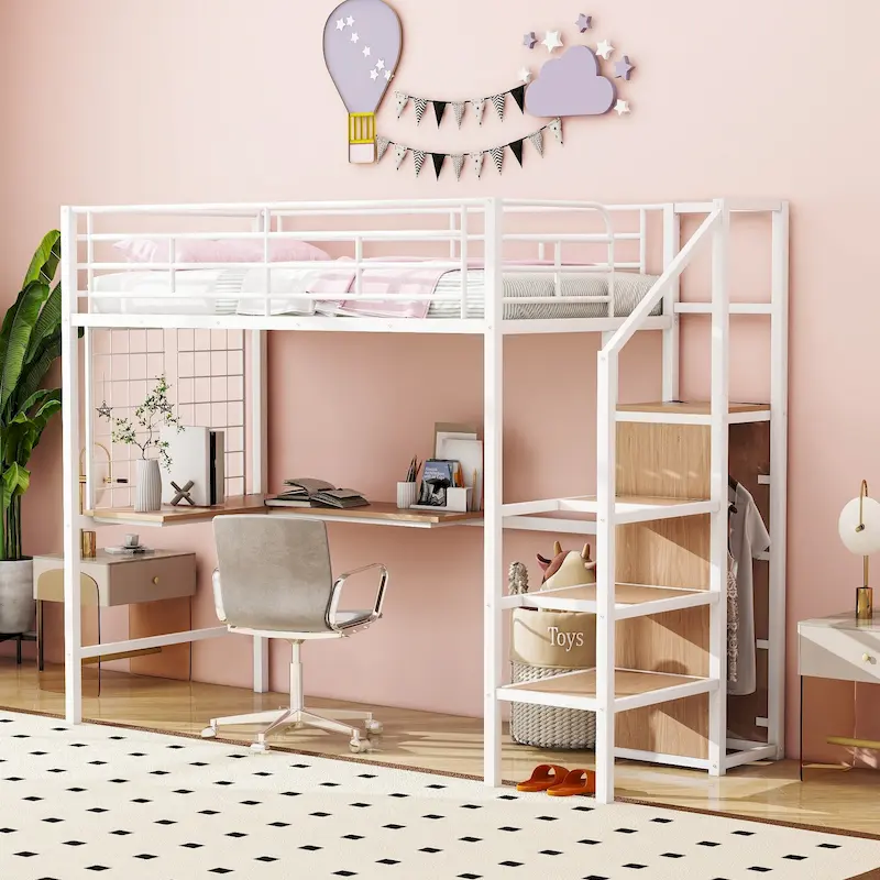 Twin Metal Loft Bed with L-Shaped Desk, 3-Tier Ladder Shelves & Wardrobe, White, 250 lbs