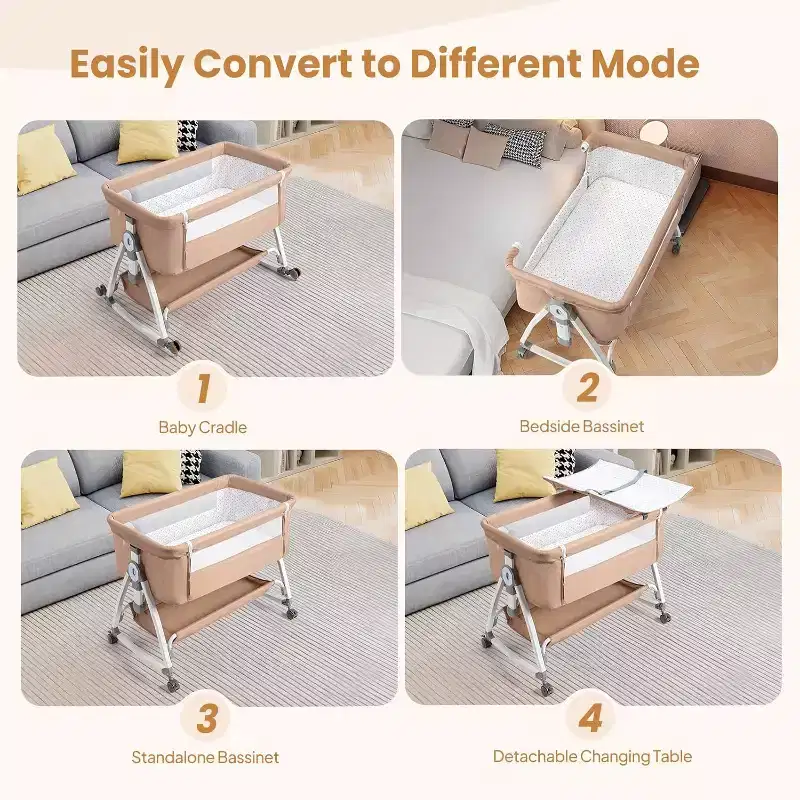 JOYMOR Baby Bassinet with Changing Table, Bedside Bassinet for Baby with Comfy Mattress and Wheels, 6 Height Adjustable Easy Folding