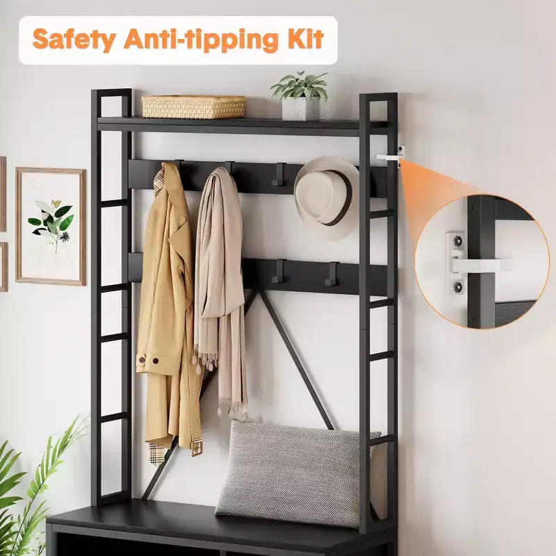 Industrial Hall Tree with Bench, Shoe Storage, & Coat Rack, Entryway Organizer Mudroom Furniture with Hooks and Shelves for Small Spaces