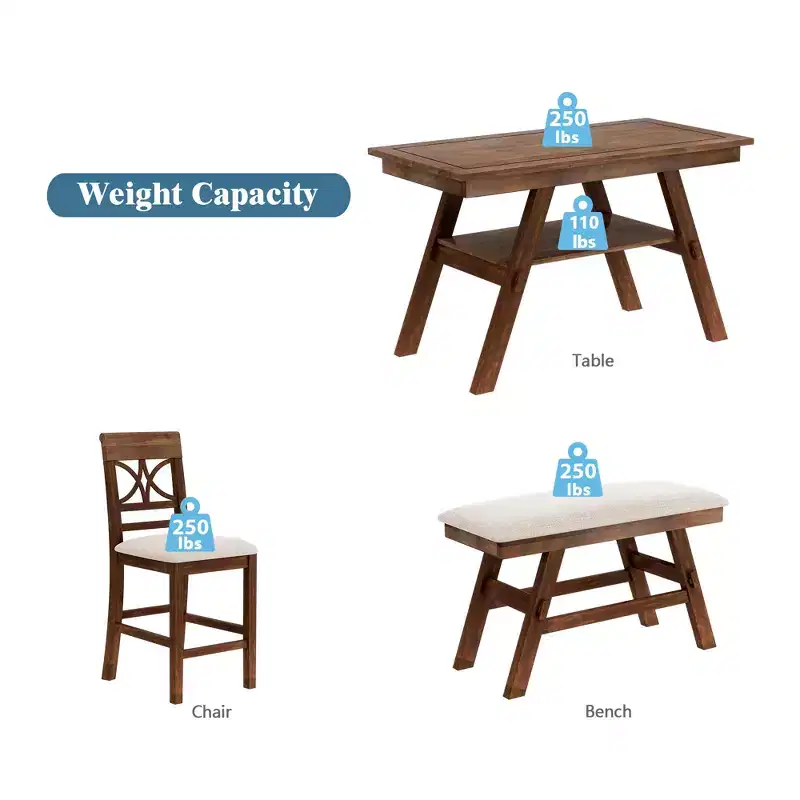 Whisen Rustic 6-Piece Counter Height Dining Table Set with Bench and 4 Upholstered Chairs