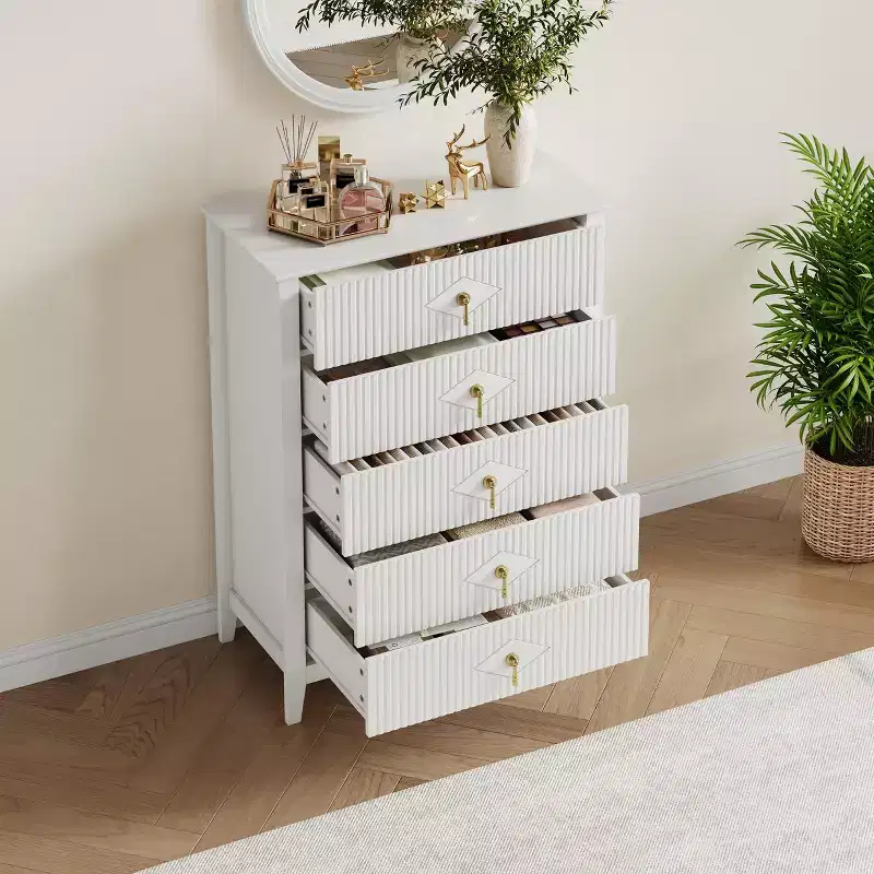 42.9 Tall 5-Drawer Fluted Dresser, Modern Wood Storage Organizer Cabinet for Bedroom, White