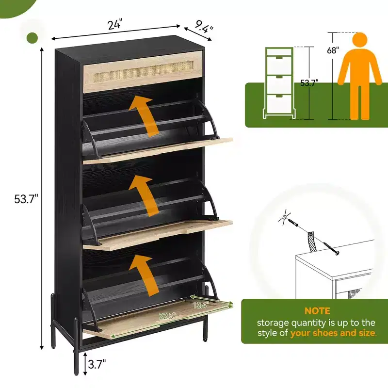 3 Flip Drawers Shoe Storage Cabinet with 1 Drawer, Hidden Rattan Shoe Organizer with Metal Legs