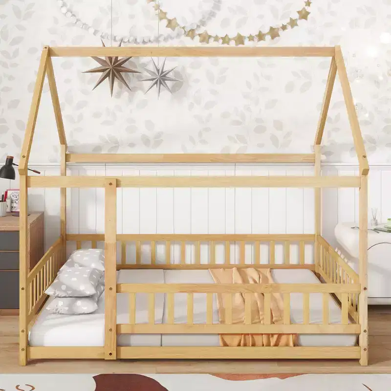 Rubberwood Full Platform Floor Bed with Safety Guardrails
