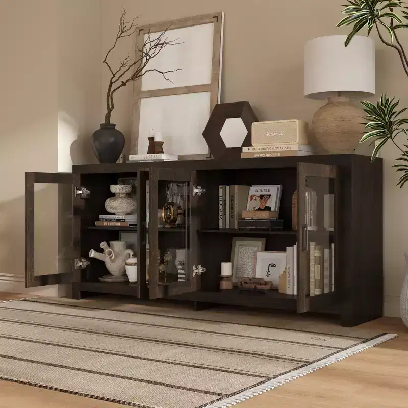 Deep Brown Accent Storage Cabinet with 4 Glass Doors & 2 Shelves, Wood Grain Finish, 70.8in