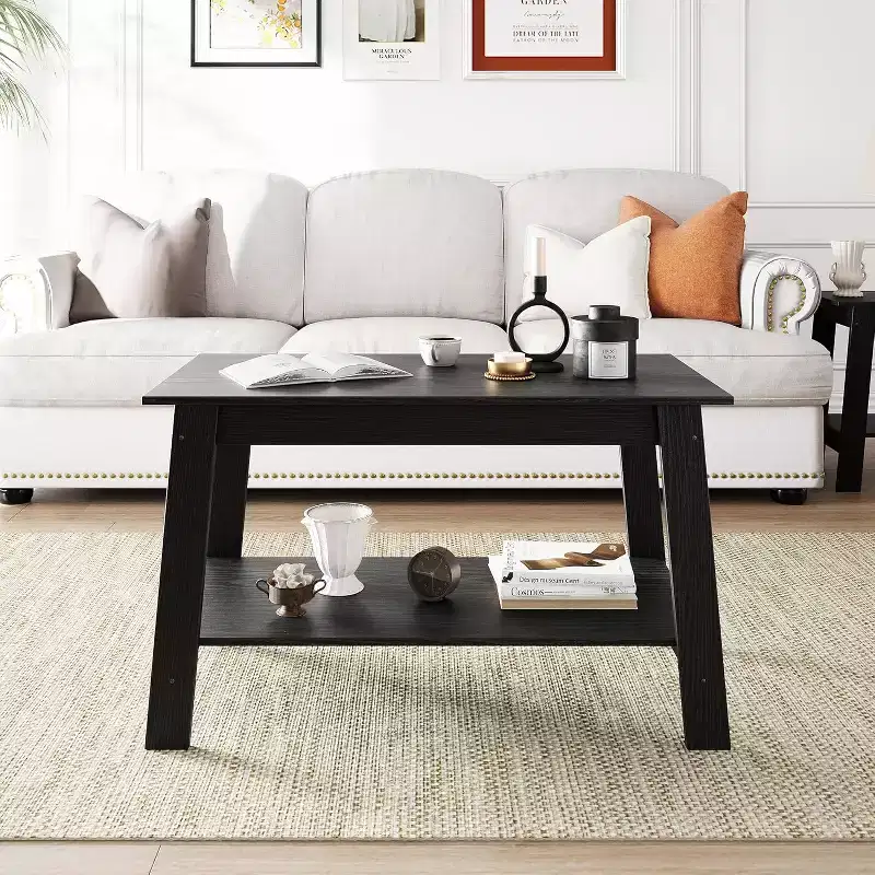 Farmhouse Wood Coffee Table with 2 Storage Shelves for Small Spaces