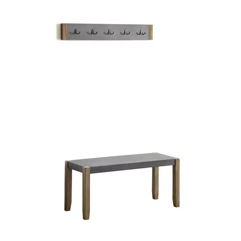 40" Davenport Coat Hook and Faux Concrete Bench Set Light Amber - Alaterre Furniture: Rustic Industrial, 5 Double Hooks