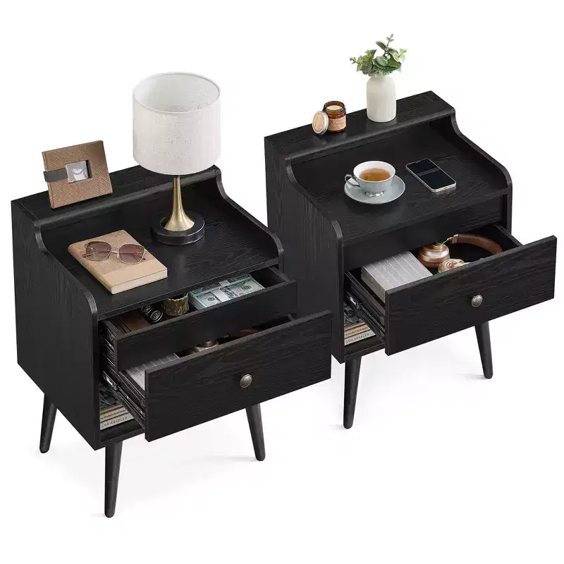 Nightstands, Set of 2, Bedside Tables with Hidden Drawers, Mid-Century End Tables with Solid Wood Legs
