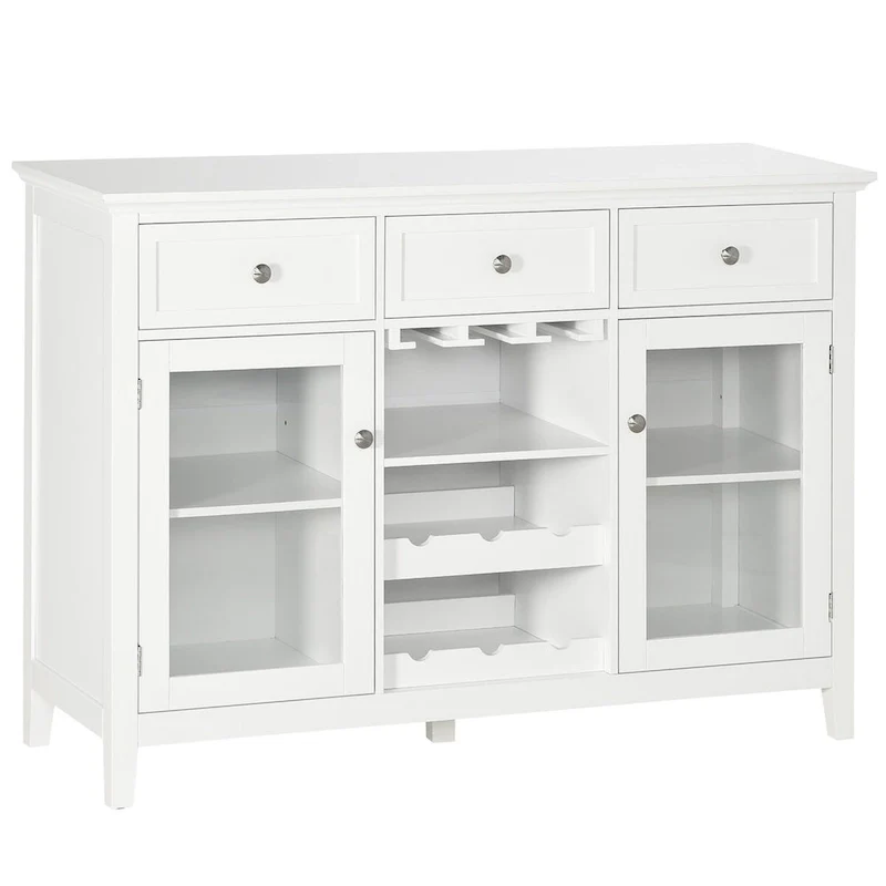 Coffee Bar Cabinet with 3 Drawers, Wine Rack, Stemware Racks & Glass Door