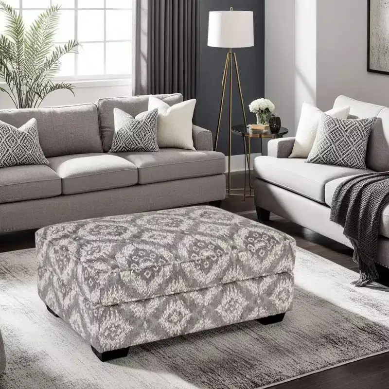 Upholstered Ottoman with Geometric Pattern, 40 Inch