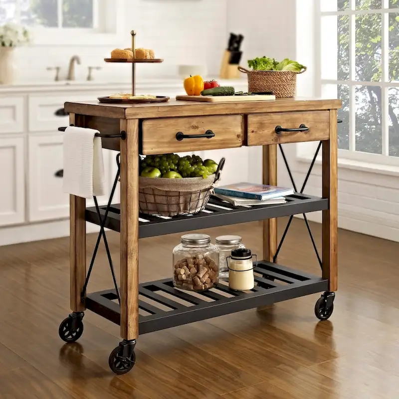 Industrial Kitchen Cart with Solid Pine Top – 2 Drawers, Metal Shelves, 42