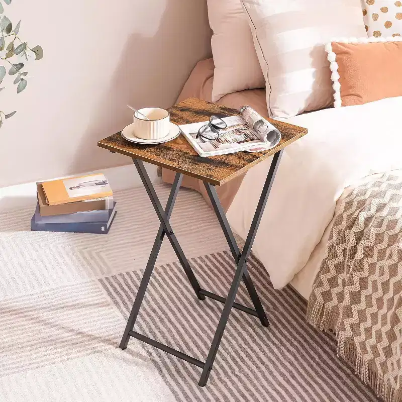 Folding TV Tray Table, Wooden Portable Sofa Side Table, Industrial Snack End Table for Small Spaces - Space-Saving, Easy Install & Fold