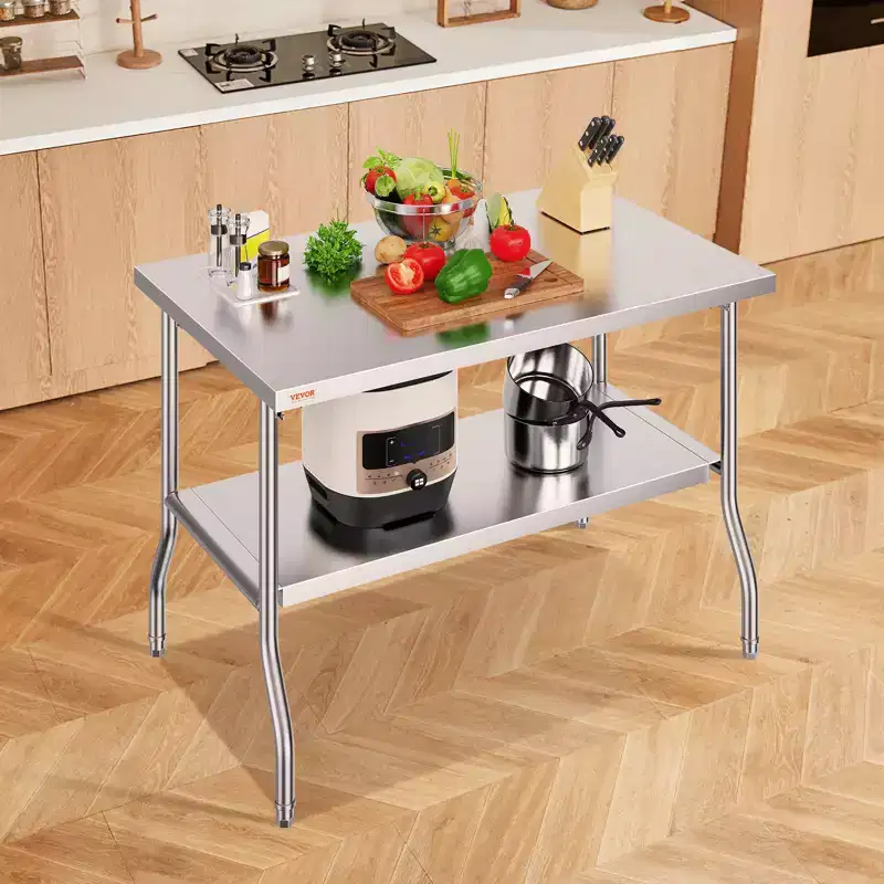Silver Stainless Steel Folding Prep Table, 48 x 30 in, 2-Shelf, for 1 User