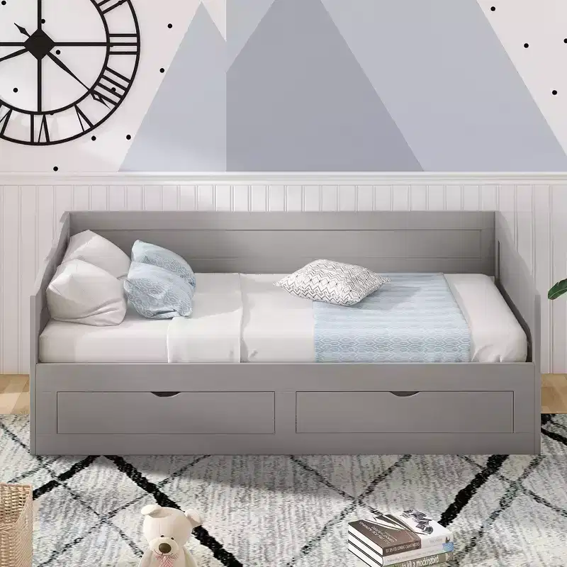 FAMYYT Twin Size Wooden Daybed with 2 Drawers, Extendable Bed, Easy Assembly, Gray