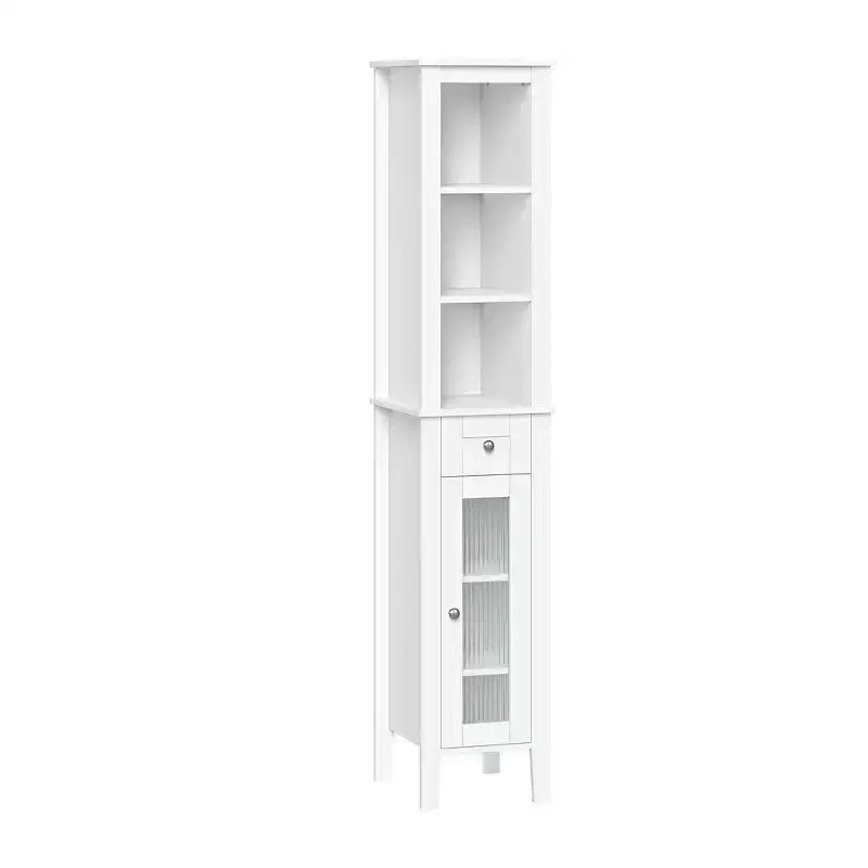 Tall Bathroom Linen Cabinet with Glass Door, Drawer and Shelves – 60