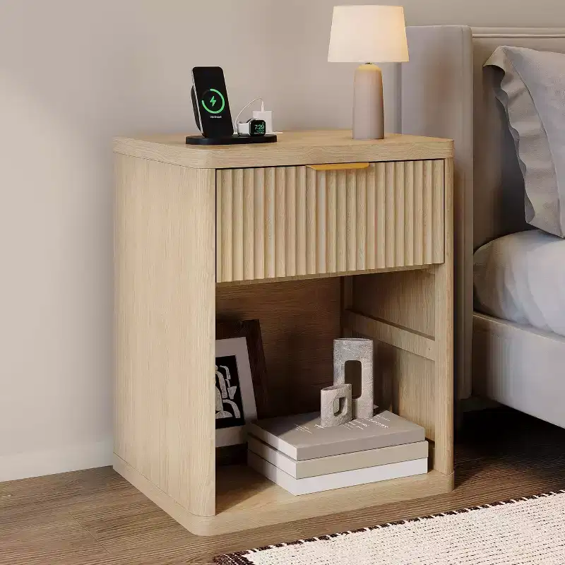 Acekool Fluted Nightstand with Ports and Outlets, Drawers Mid Century Modern Bedside Table, Natural Wood