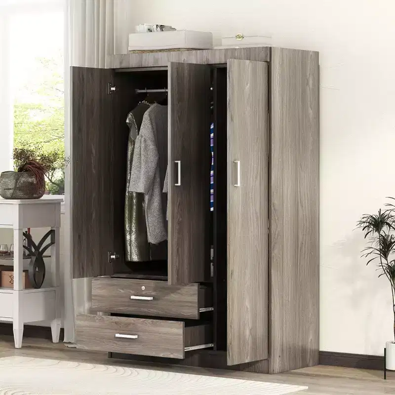 Whisen Wood 3-Door Wardrobe Armoire with Hanging Rod, 2-Drawers, and Storage Shelves