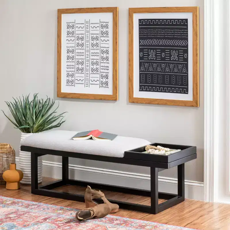 Powell Lemire Modern Bench with Tray and Upholstery Black Finished/Gray: Rectangular, Polyester, Spot Clean, 300 lbs Capacity