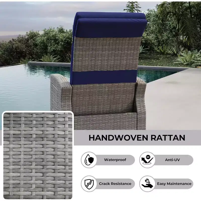 Patio Recliner Chair, Adjustable Back Footrest PE Wicker Weather Resistant with Flip Up Table Air Pump