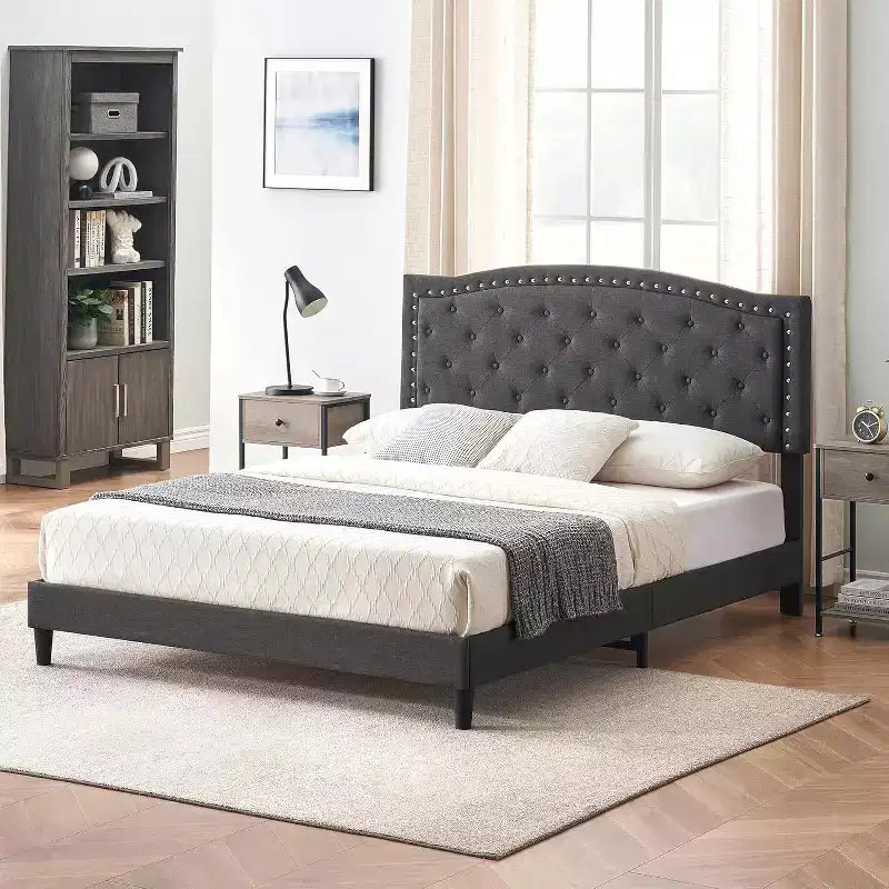 Upholstered Platform Bed Frame with Adjustable Headboard, Wingback Button Tufted Bed, No Box Spring Needed, Grey