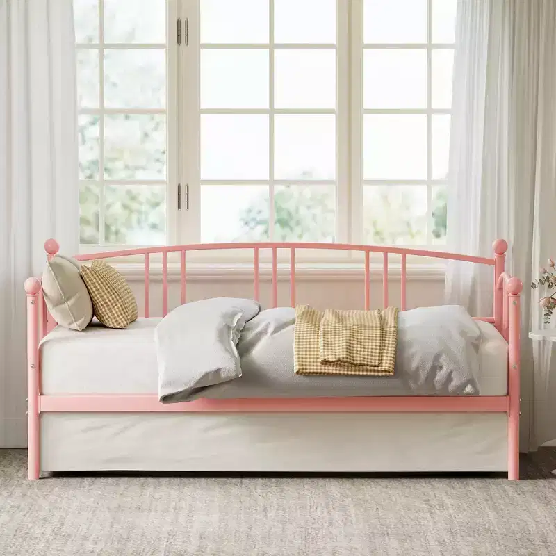 Twin Daybed Sofa Bed with Steel Slat Support, Underbed Storage & Arched Headboard, Pink Metal Frame, for Bedroom/Living Room, Guest Bed