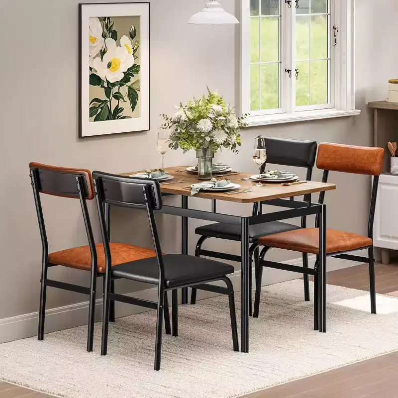 5-Piece Dining Table Set, Brown Wood Kitchen Table with 4 PU Upholstered Chairs, Space-Saving Metal Frame Dinette, for Dining Room
