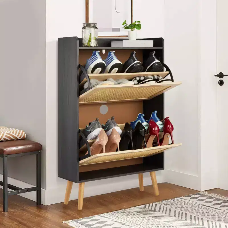 Concealed shoe cabinet with two foldable wicker drawers, suitable for hallways or corridors, accommodating 12-15 pairs of shoes.