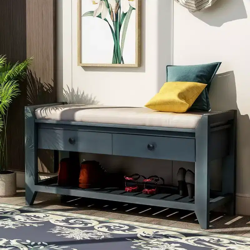 Solid Wood Shoe Storage Bench with 2 Drawers & Cushion, Multipurpose Entryway Organizer with Grid Rack Base, Antique Navy