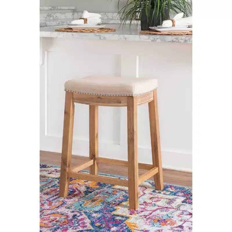 Counter Height Barstool Rustic Brown Natural Linen Upholstered Backless