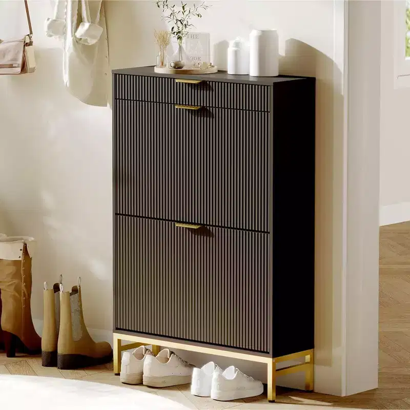 Shoe Cabinet Storage for Entryway, Tipping Shoe Cabinet with 2 Flip Drawers Fluted Panel, Narrow Shoe Rack for Living Room