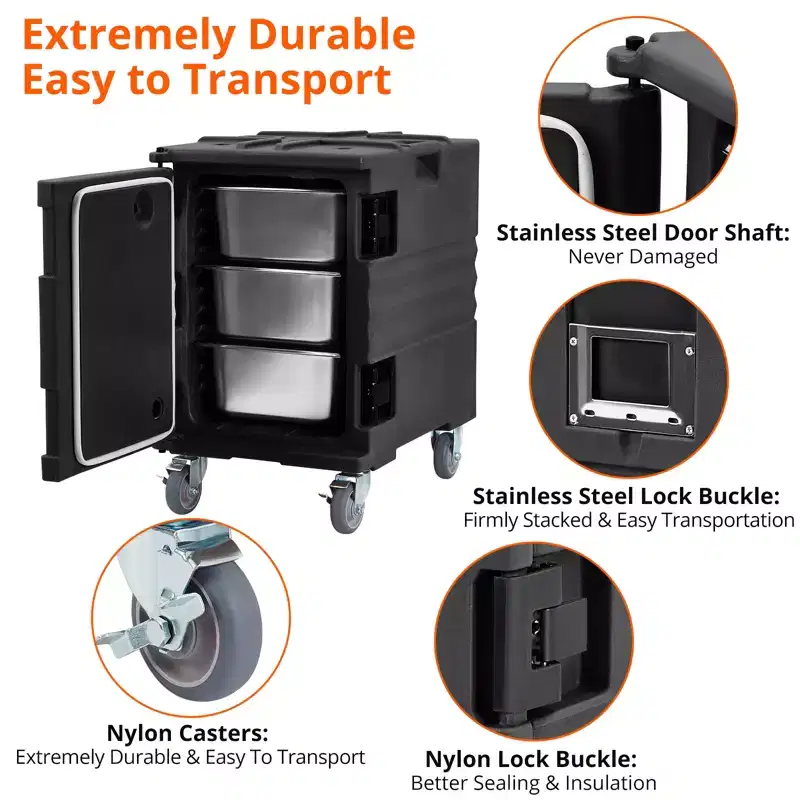 95QT Catering Food Warmers with Swivel Casters, Insulated Food Carrier for 6 Full-Size Pans, Hot Box for Catering, for Camping, Restaurant