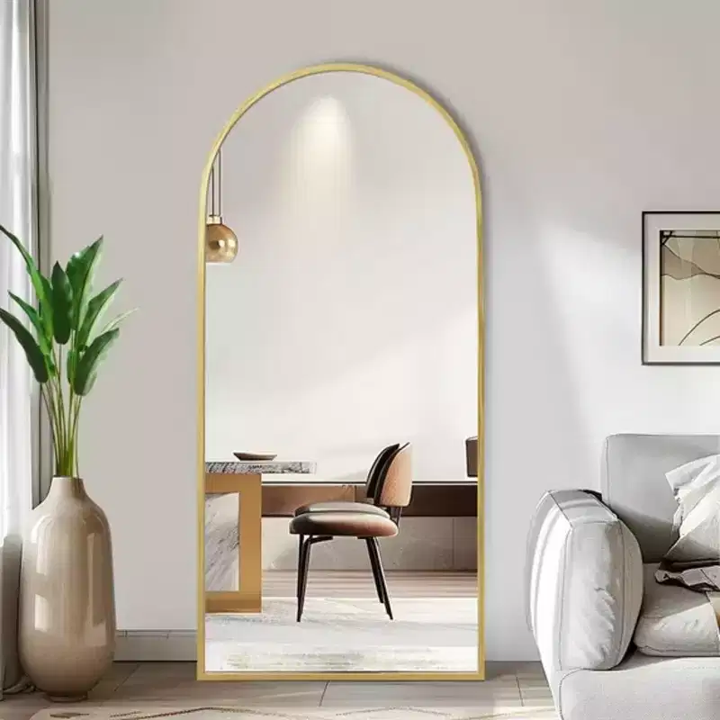 MAYEERTY Gold 33.86 x 77.17 Inch Arch Shaped Thin Edged Aluminum Alloy Full Length Mirror with Stand for Living Room and Bedroom Wall Decor
