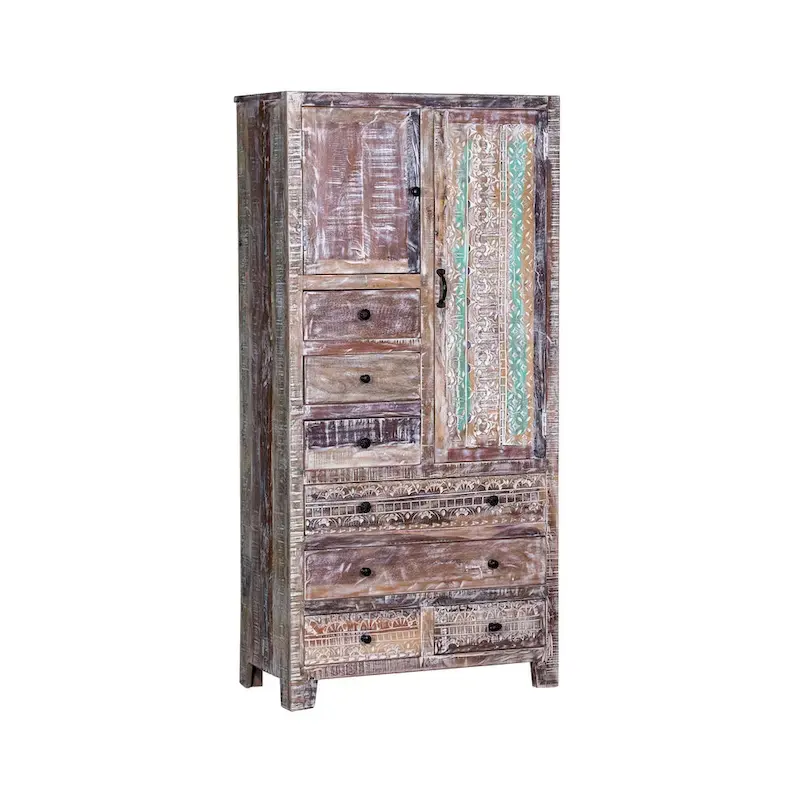 Antique White / Brown Solid Wood Armoire with 7 Drawers & 2 Doors