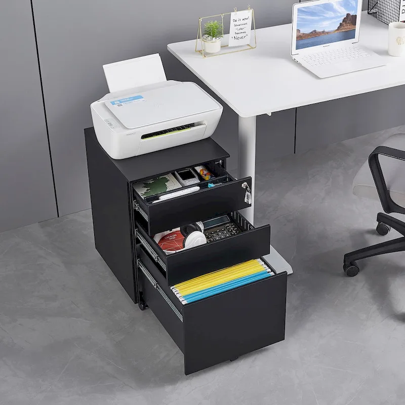 3 Drawer Mobile File Cabinet with Lock Steel File Cabinet for Legal/Letter/A4/F4 Size, Fully Assembled Include Wheels
